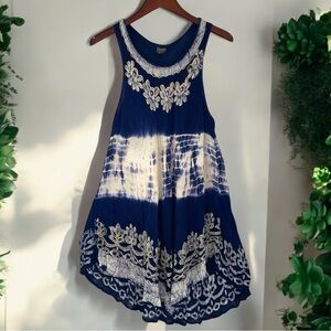 Pams Royal Blue Cotton Rayon Dress One Size Flower Embroidery Bohemian Floral